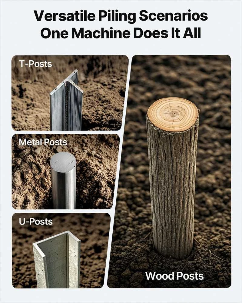 Sunkioji rankinė tvoros stulpų kalyklė, metalinis T formos stulpų muštuvas su ergonomiškomis rankenomis, tinka stulpams iki 155 mm, plieno polių kalimo įrankis ūkiui ir sodui