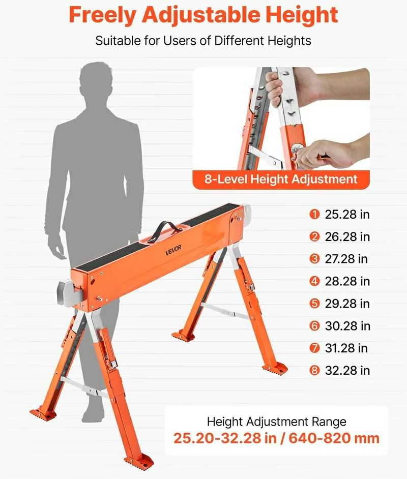 Sunkiųjų darbų arkliukai 2 vnt., reguliuojamo aukščio darbastalis, nešiojami pjūklų stovai medienos apdirbimui, 816.5kg talpa, sulankstomi, tvirti