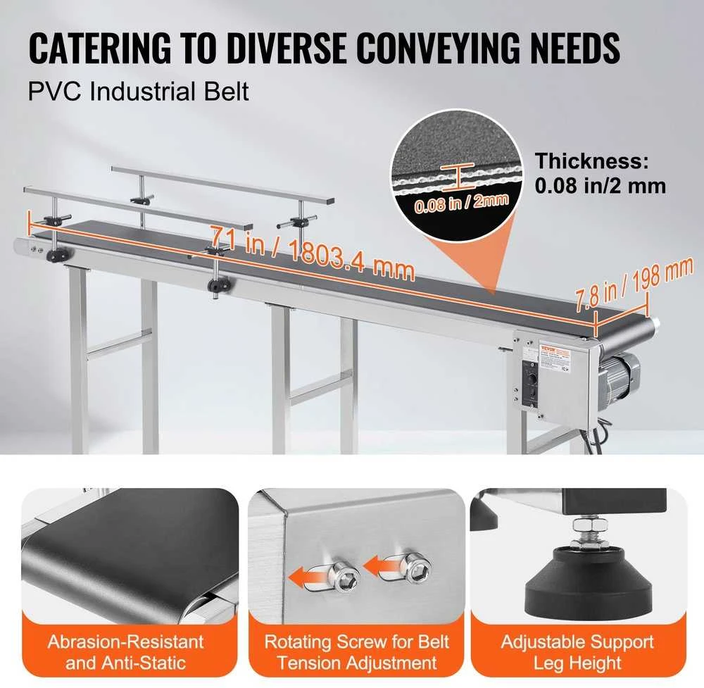 Sunkiųjų krovinių konvejeris rašal. žymėjim., 1803.4 x 198.1 mm PVC juosta, reguliuojamas greitis, nerūdijančio plieno variklis, antistatinis konvejeris, transportavimo juosta