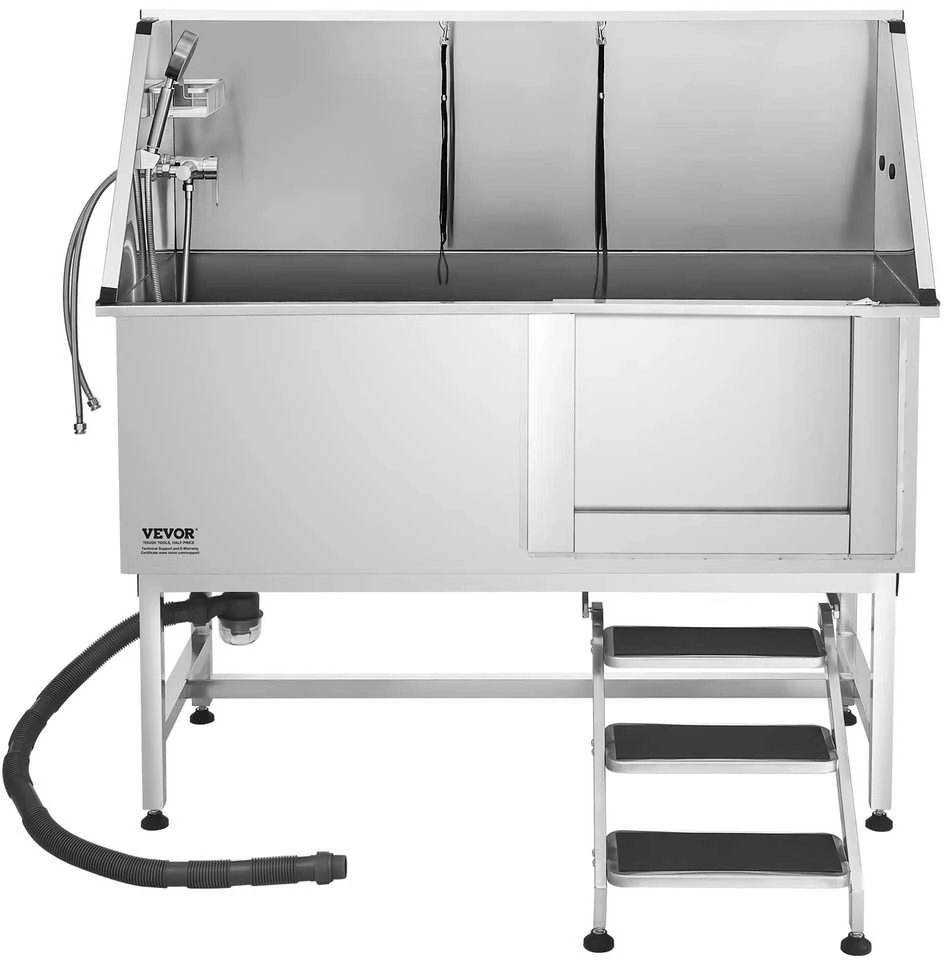 Šunų maudymo vonia, nerūdijančio plieno, su laipteliais ir vandens filtru, 1500 mm, profesionali gyvūnų plovimo stotis, sidabrinė, šunų prausimo vonia, kačių maudymo vonia