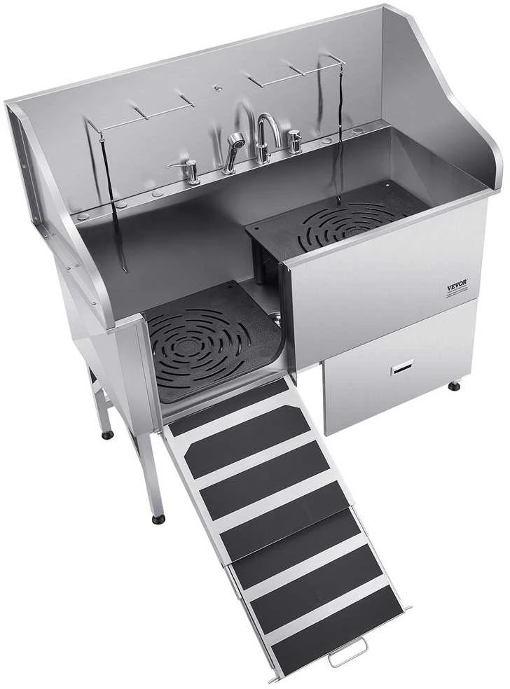 Šunų maudymo vonia su rampa, filtru, 155 cm, nerūdijančio plieno, gyvūnų prausimo stotelė, šunims, augintiniams