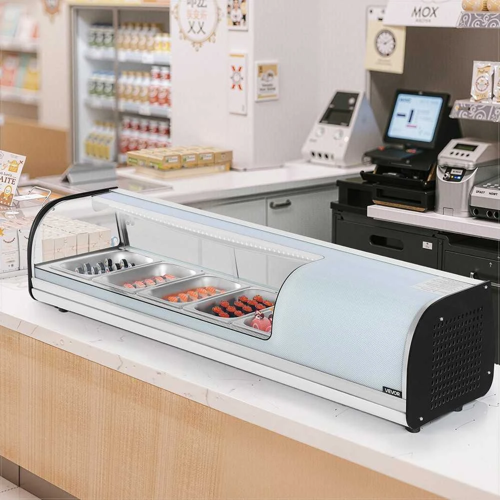 Sušių vitrininis šaldytuvas, 52L komercinė sušių vitrina, 5 indų stalviršio aušintuvas su išgaubtu stiklu ir LED apšvietimu, restoranui ir parduotuvei, sušių baro šaldytuvas, profesionali šaldymo vitrina