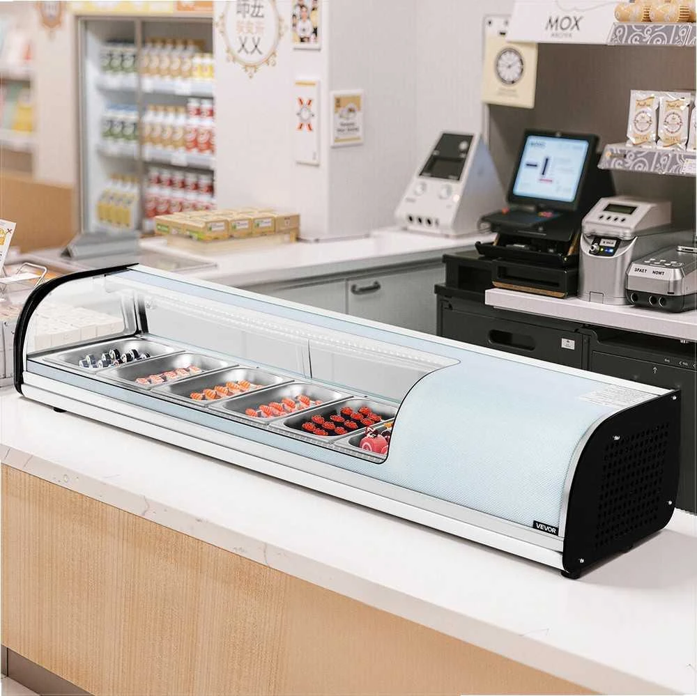Sušių vitrininis šaldytuvas sušių baro prekystaliui, restoranui, parduotuvei, 62L komercinė 6 indų stalinė vitrina, sušių aušintuvas, šaldoma vitrina, maisto eksponavimo šaldytuvas