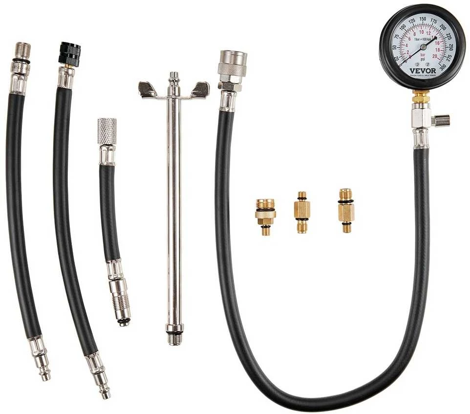 Suspaudimo testerio adapterių rinkinys, 9 vnt., automobilių variklių cilindrų nuotėkio/suspaudimo bandymui, tikslus dvigubos skalės manometras, variklio cilindro sandarumo testas