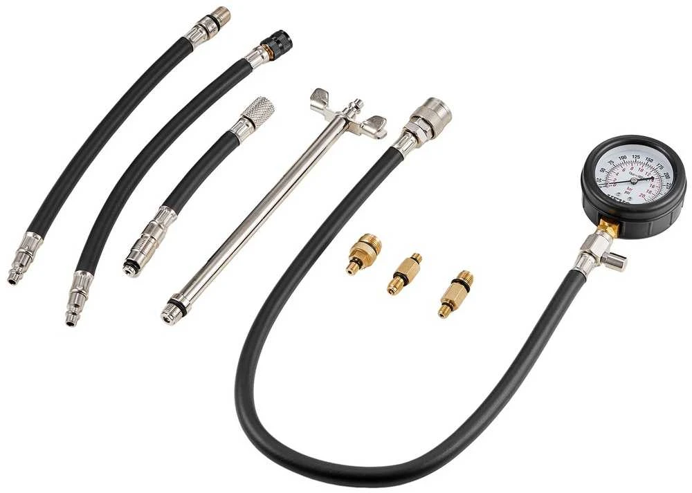 Suspaudimo testerio adapterių rinkinys, 9 vnt., automobilių variklių cilindrų nuotėkio/suspaudimo bandymui, tikslus dvigubos skalės manometras, variklio cilindro sandarumo testas