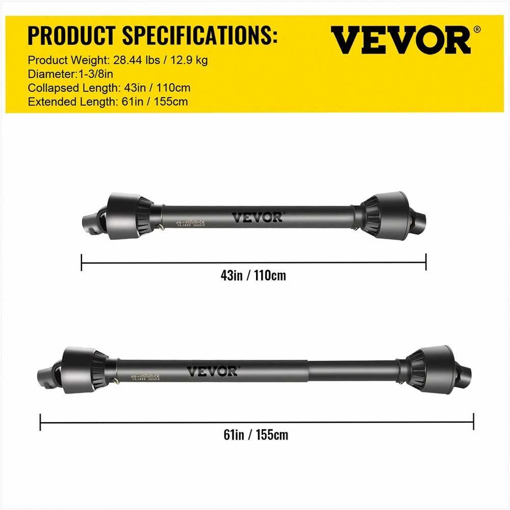 VEVOR PTO velenas su 1-3/8" x 6 šlicais