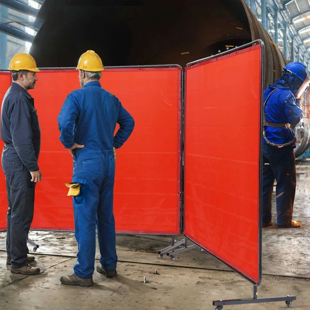 Suvirinimo ekranas su rėmu, 3 dalių, 1,8 x 1,8 m, mobilus, apsauginė uždanga, pertvara, ugniai atspari vinilo užuolaida, 12 ratukų
