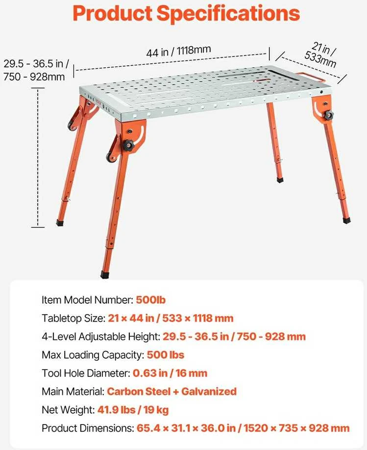 Suvirinimo stalas suvirinimo projektams, 533 x 1118 mm, 226 kg, sulankstomas darbastalis, reguliuojamo aukščio suvirinimo stalas