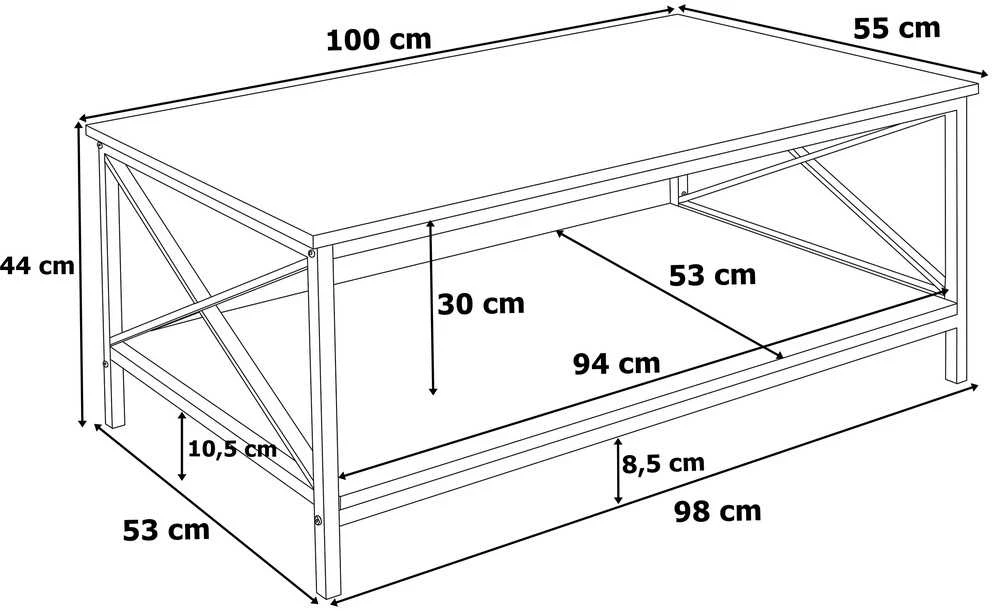 Svetainės kavos staliukas, palėpės stiliaus, su lentyna, 100 cm, modernus ąžuolo, industrinio stiliaus kavos staliukas, lofto stiliaus staliukas prie sofos