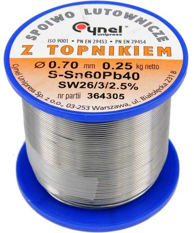 Švininė lydmetalio viela Sn60Pb40, 0,7 mm skersmens, su kanifolijos srauto šerdimi, elektronikai, 250 g ritė, minkšta litavimo viela