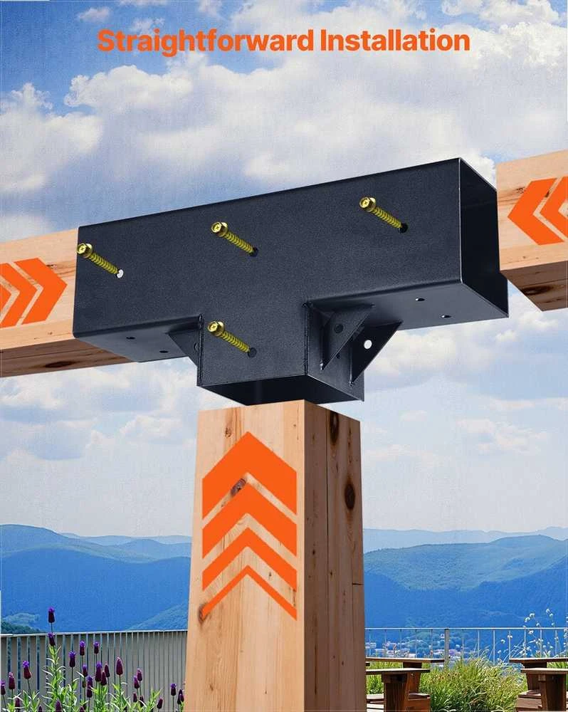 T formos pavėsinės laikikliai, 3 krypčių rinkinys 92 mm medinėms sijoms, atsparus anglinis plienas, lauko pavėsinių statyba, 4 vienetų komplektas, tvirtinimo detalės terasai