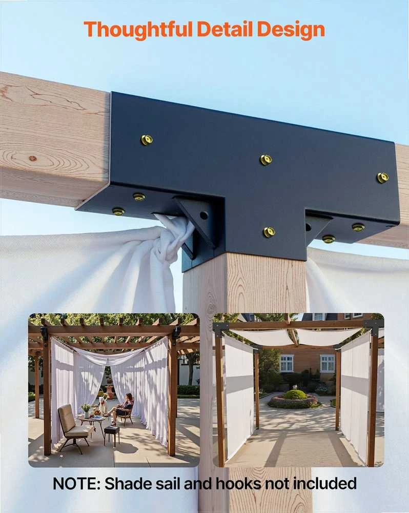 T formos pavėsinės laikikliai, 3 krypčių rinkinys 92 mm medinėms sijoms, atsparus anglinis plienas, lauko pavėsinių statyba, 4 vienetų komplektas, tvirtinimo detalės terasai