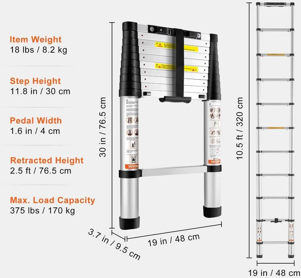 Teleskopinės kopėčios 3.2 m, aliuminės, 170 kg, sulankstomos, daugiafunkcinės, nešiojamos, namams, kemperiui, palėpei