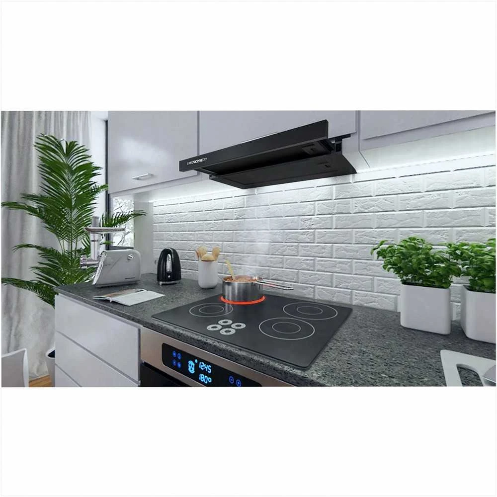 Berdsen Teleskopinis gartraukis, 60 cm pločio, juodas, virtuvinei spintelei, ištraukiamasis ventiliatorius, recirkuliacinis ventiliatorius, energiją taupantis LED