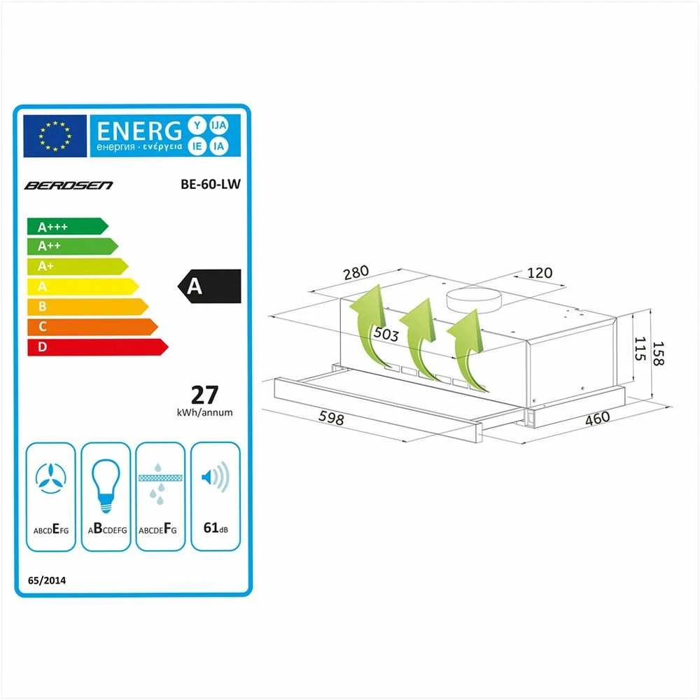 Berdsen Teleskopinis gartraukis, 60 cm pločio, juodas, virtuvinei spintelei, ištraukiamasis ventiliatorius, recirkuliacinis ventiliatorius, energiją taupantis LED