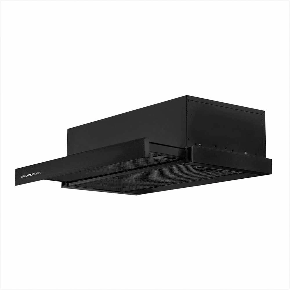 Berdsen Teleskopinis gartraukis, 60 cm pločio, juodas, virtuvinei spintelei, ištraukiamasis ventiliatorius, recirkuliacinis ventiliatorius, energiją taupantis LED