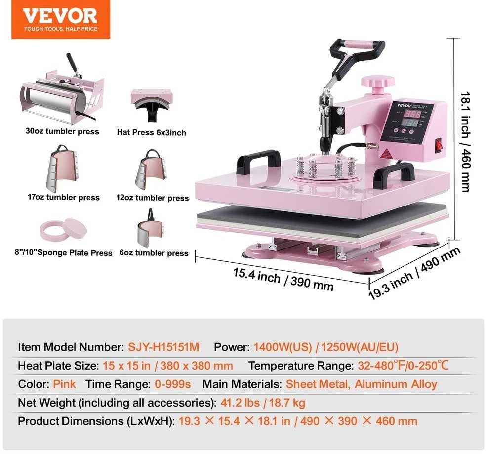 VEVOR Termopreso mašina 15x15 cm 8 in 1 su 850 ml presu marškinėliams rožinė