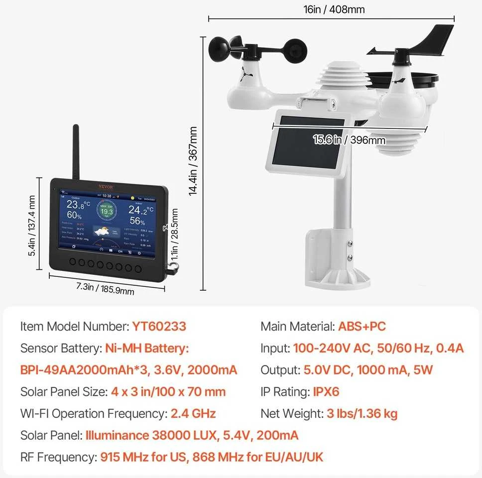 VEVOR Meteorologinė bevielė orų stotelė YT60233 7in1 WiFi