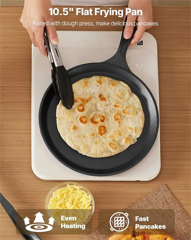 Tortilijų presas, 25 cm ketaus sunkiasvoris rankinis roti gaminimo įrankis su rankena ir 100 vnt. kepimo popieriaus, tešlos tako presas miltinėms tortilijoms, keptuvė papločiams