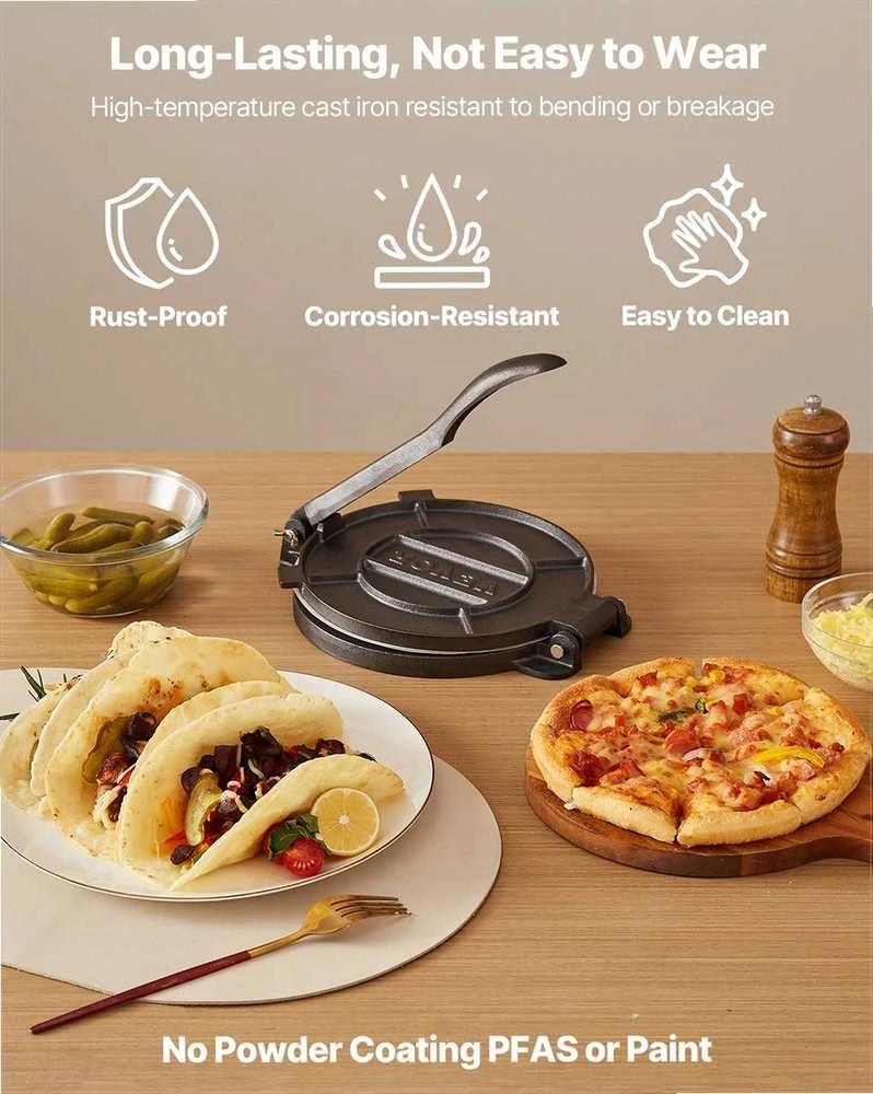 Tortilijų presas, 25 cm ketaus sunkiasvoris rankinis roti gaminimo įrankis su rankena ir 100 vnt. kepimo popieriaus, tešlos tako presas miltinėms tortilijoms, keptuvė papločiams
