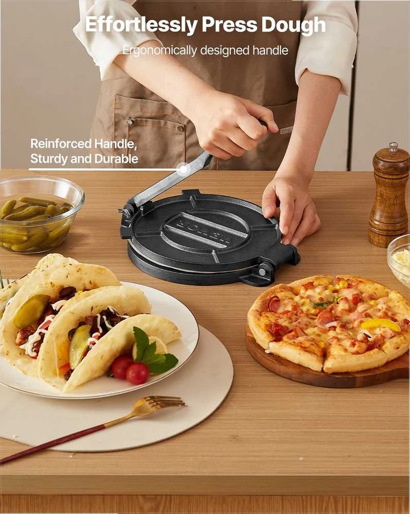 Tortilijų presas, 25 cm ketaus sunkiasvoris rankinis roti gaminimo įrankis su rankena ir 100 vnt. kepimo popieriaus, tešlos tako presas miltinėms tortilijoms, keptuvė papločiams