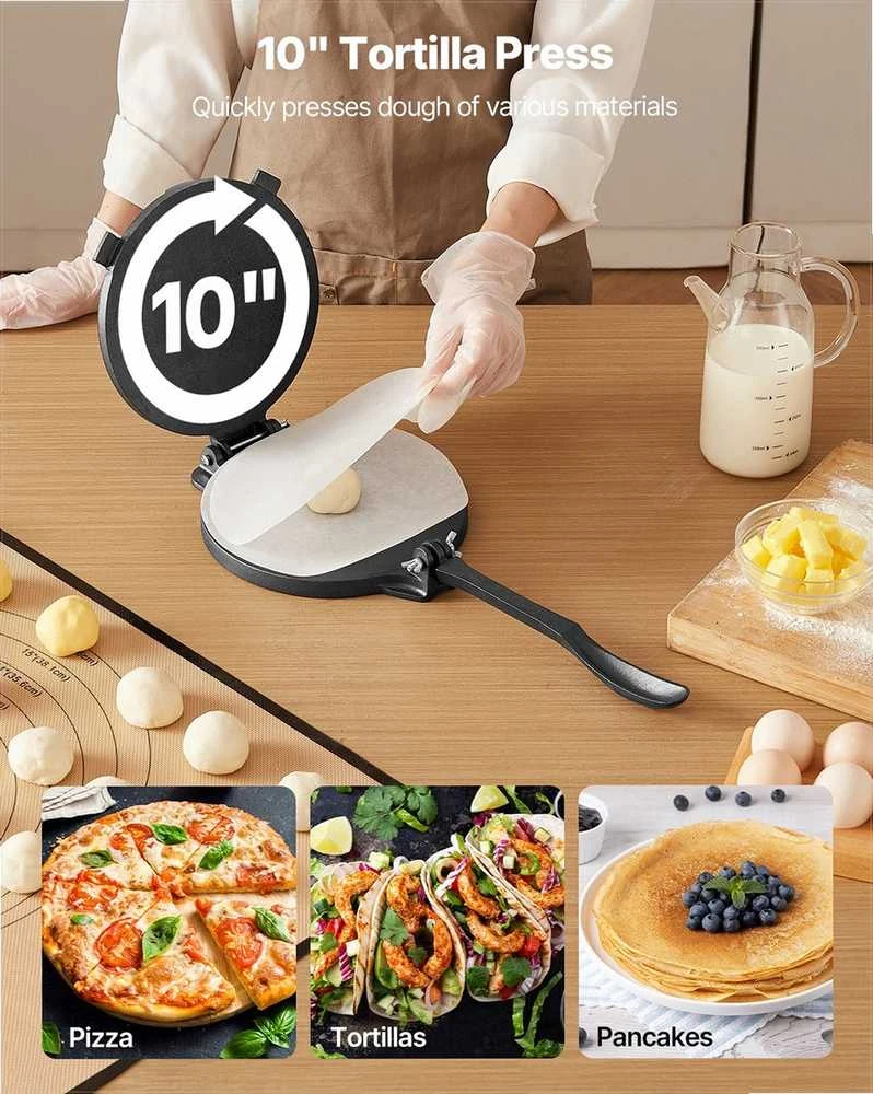 Tortilijų presas, 25 cm ketaus sunkiasvoris rankinis roti gaminimo įrankis su rankena ir 100 vnt. kepimo popieriaus, tešlos tako presas miltinėms tortilijoms, keptuvė papločiams