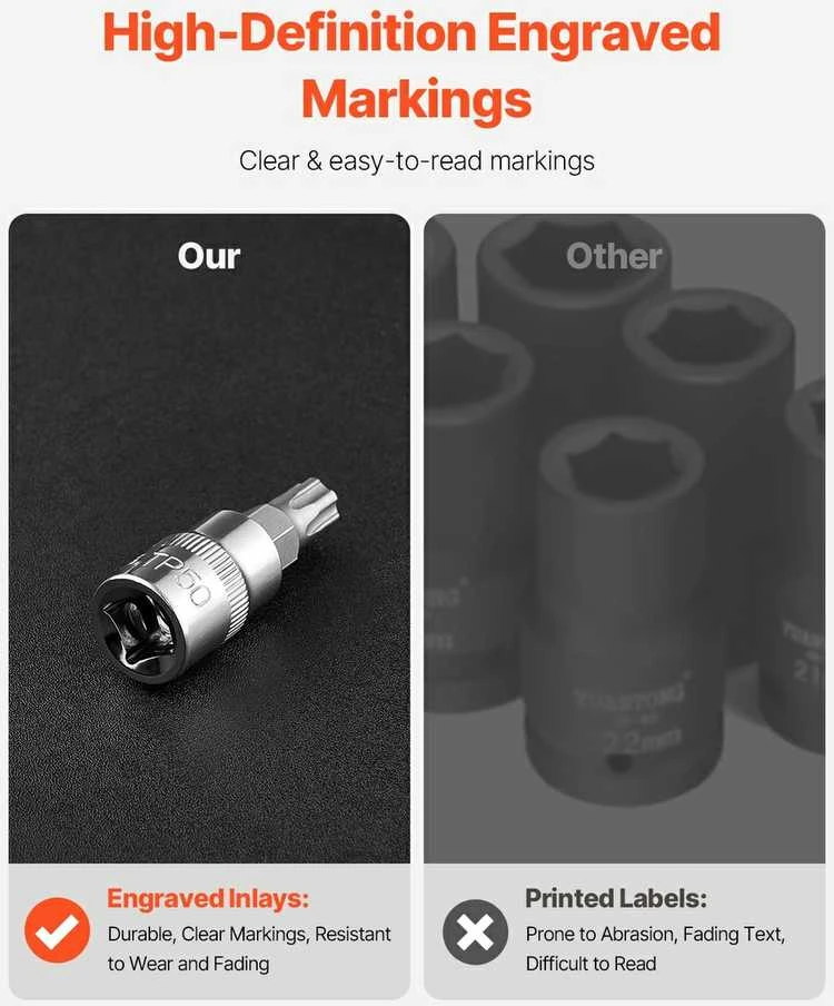 Torx antgalių ir lizdų rinkinys, skirtas namų remontui, 60 dalių S2 legiruotojo plieno, Cr-V plieno torx rinkinys