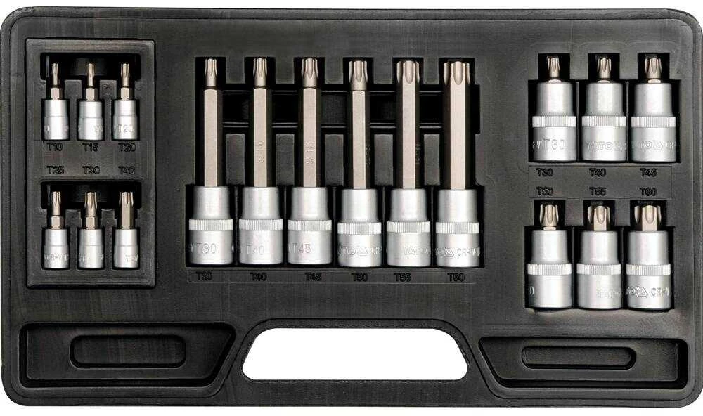 Torx antgalių lizdų rinkinys, 18 vnt., S2 CrV 6150 medžiaga, Torx raktų rinkinys