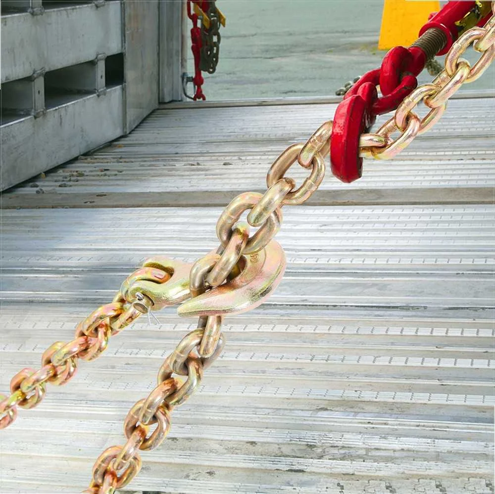 Transportavimo grandinė G80 krovinių tvirtinimui ir vilkimui, 7.94 mm x 6.10 m, cinkuotas mangano plienas su kabliais, DOT sertifikuota sunkiasvorė pramoninė grandinė kroviniams