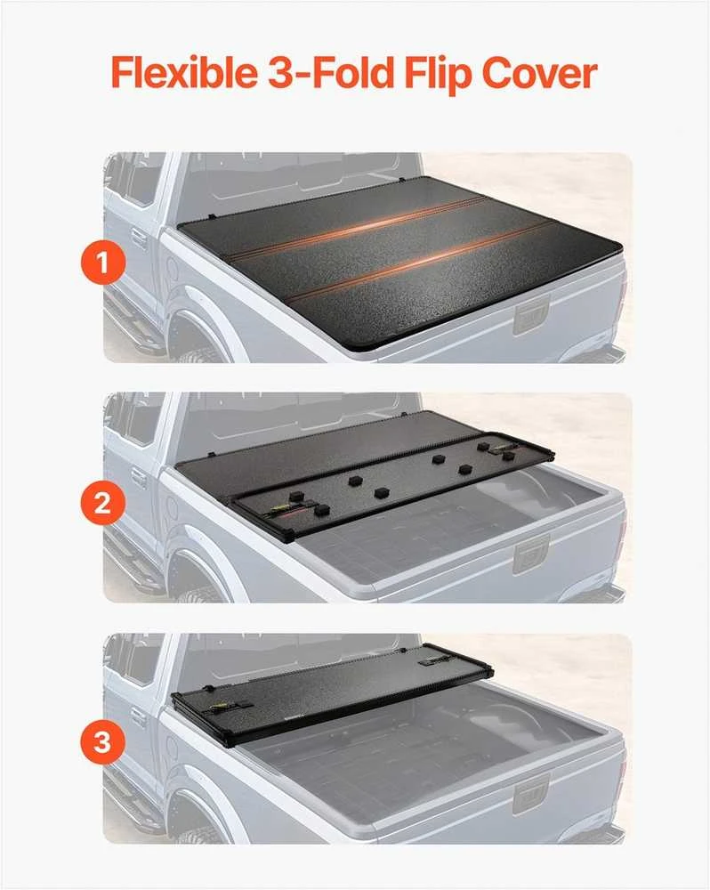 Trigubas sulankstomas kėbulo dangtis 1999-2024 Ford F-250 F-350 Super Duty, tvirtas aliuminis, atsparus vandeniui, 2.07 m Styleside kėbului, pikapo kėbulo uždangalas, apsauginis tentas