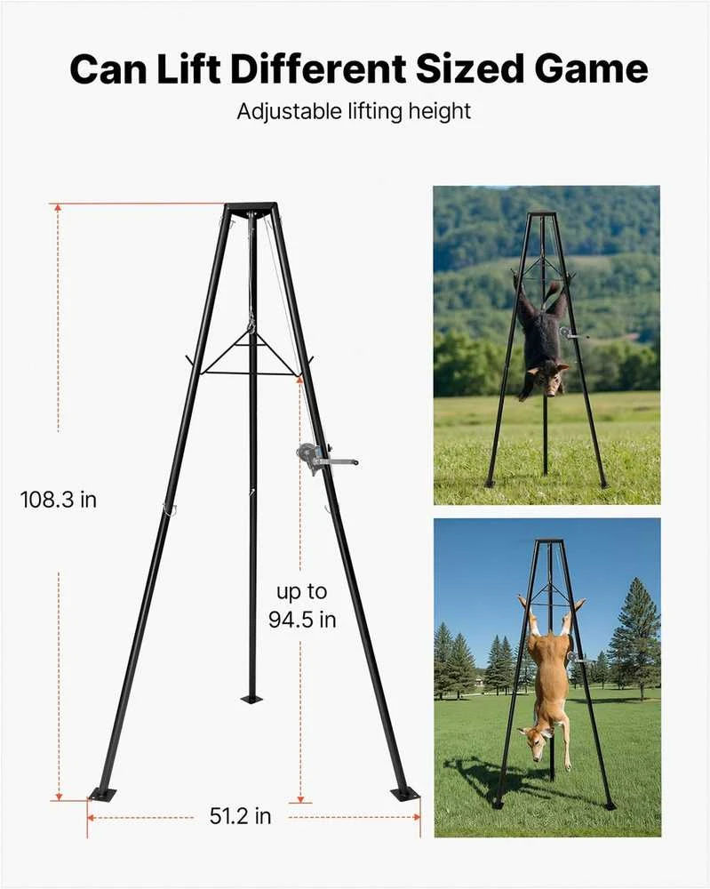 Trikojis elnių keltuvas medžioklei, žvėrienos dorojimui ir lupimui, su skersiniu ir rankine gerve, 226.8kg keliamoji galia, nešiojamas žvėrienos keltuvas, medžioklinė gervė, laimikio pakėlimo stovas