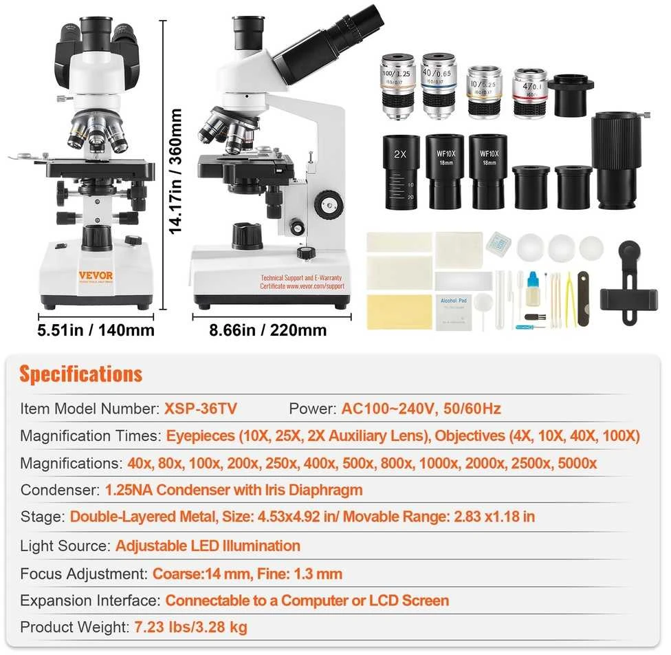 VEVOR Trinokulinis mikroskopas 40X-5000X