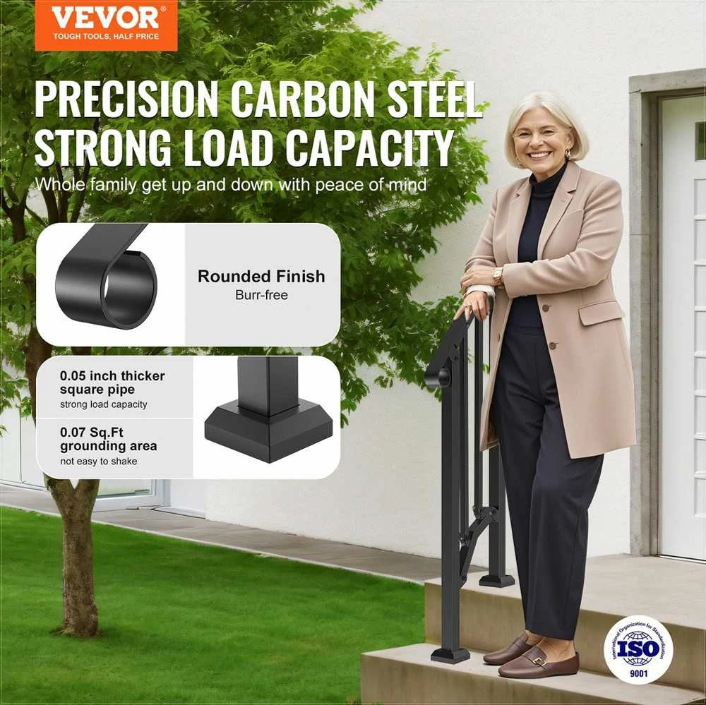Turėklai lauko laiptams, 1-2 pakopų laiptų turėklų komplektas, anglinio plieno turėklai senjorams, betoniniai laiptai, prieangis ir terasa, juoda retro arka, apsauginė atrama
