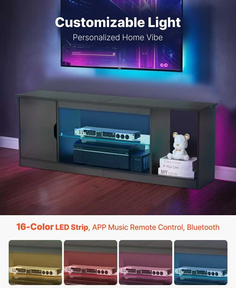 TV staliukas Vevor TV stovas iki 165 cm su stikline lentyna