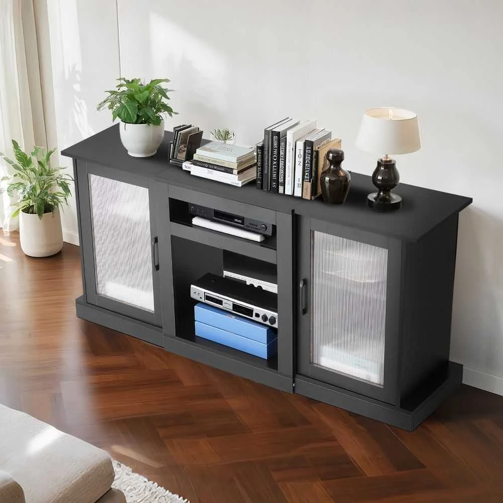 TV staliukas Medinis TV stovas televizoriams iki 1651 mm, modernus pramogų centras su LED šviesomis, juoda TV spintelė su stiklinėmis durelėmis