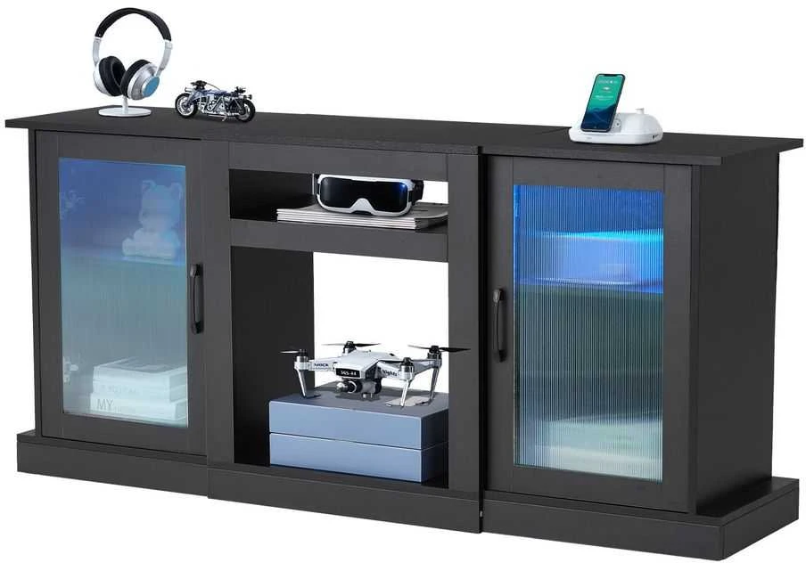 TV staliukas Medinis TV stovas televizoriams iki 1651 mm, modernus pramogų centras su LED šviesomis, juoda TV spintelė su stiklinėmis durelėmis