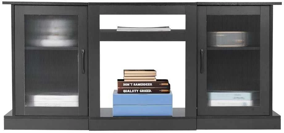 TV staliukas Medinis TV stovas televizoriams iki 1651 mm, modernus pramogų centras su LED šviesomis, juoda TV spintelė su stiklinėmis durelėmis