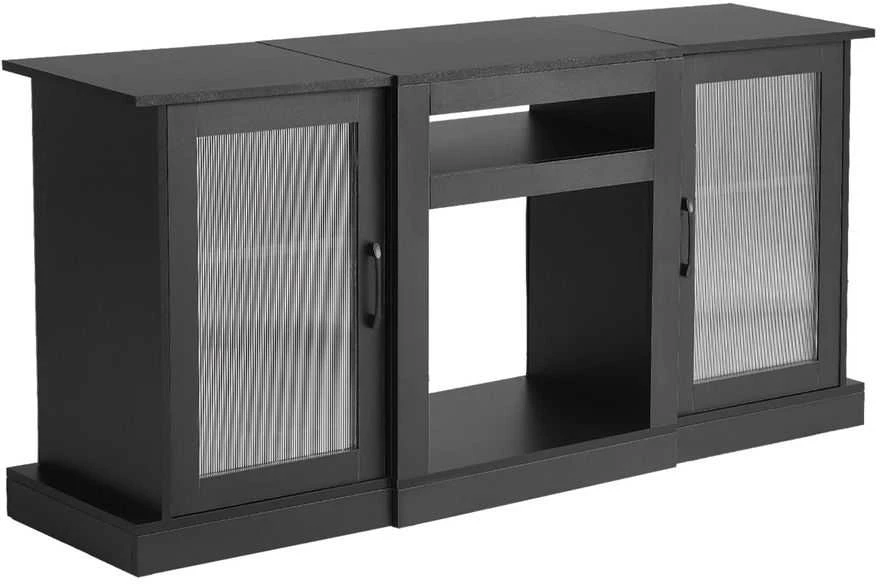 TV staliukas Medinis TV stovas televizoriams iki 1651 mm, modernus pramogų centras su LED šviesomis, juoda TV spintelė su stiklinėmis durelėmis