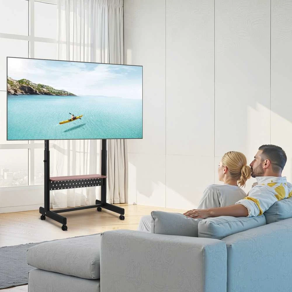 TV staliukas Riedantis TV stovas, mobilus TV vežimėlis 55-100 colių televizoriams, reguliuojamo aukščio TV stovas, grindų TV stovas su ratukais