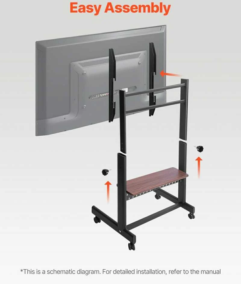 TV staliukas Riedantis TV stovas, mobilus TV vežimėlis 55-100 colių televizoriams, reguliuojamo aukščio TV stovas, grindų TV stovas su ratukais