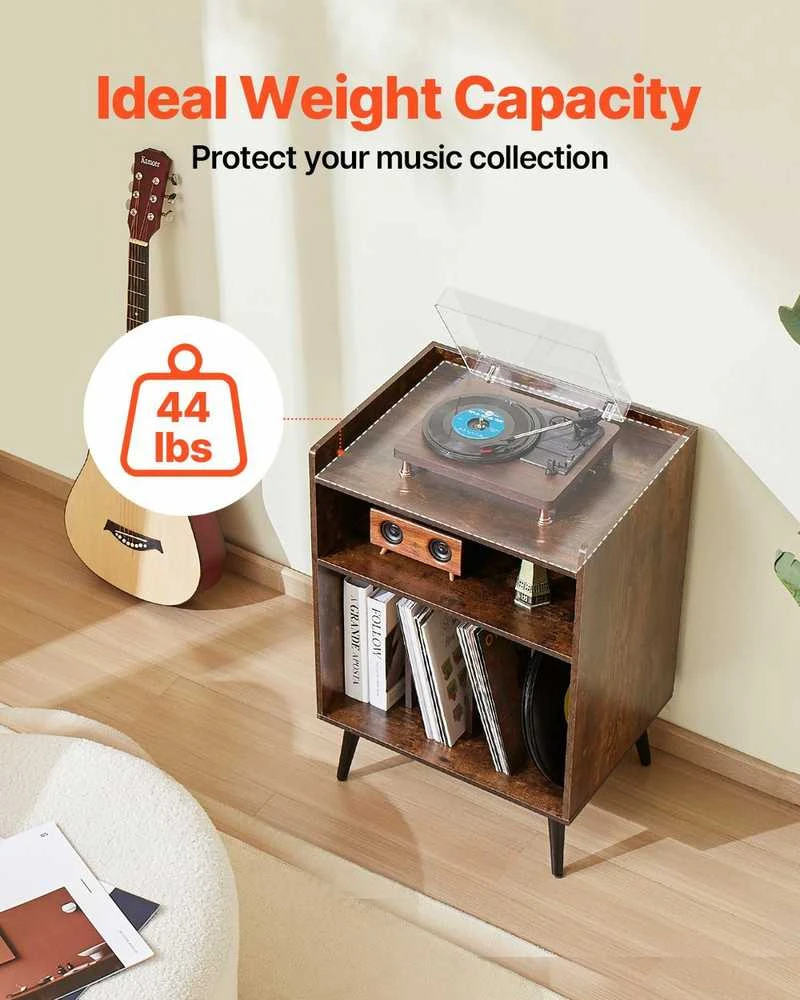 TV staliukas Vinilinių plokštelių grotuvo stovas, 3 pakopų patefono laikymo spintelė, 150 albumų talpa, su LED lemputėmis ir USB įkrovimu
