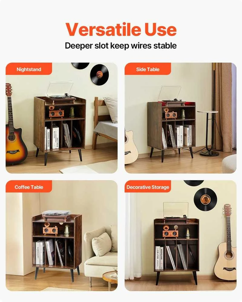 TV staliukas Vinilinių plokštelių grotuvo stovas, 3 pakopų patefono laikymo spintelė, 150 albumų talpa, su LED lemputėmis ir USB įkrovimu