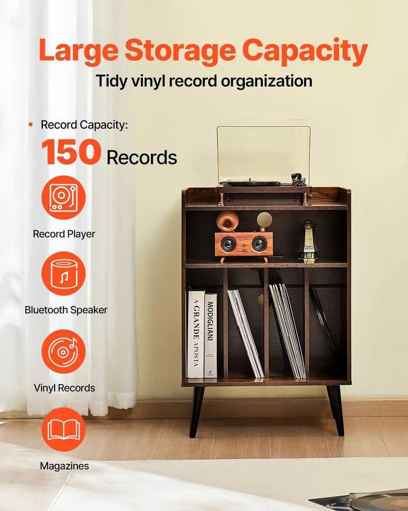 TV staliukas Vinilinių plokštelių grotuvo stovas, 3 pakopų patefono laikymo spintelė, 150 albumų talpa, su LED lemputėmis ir USB įkrovimu