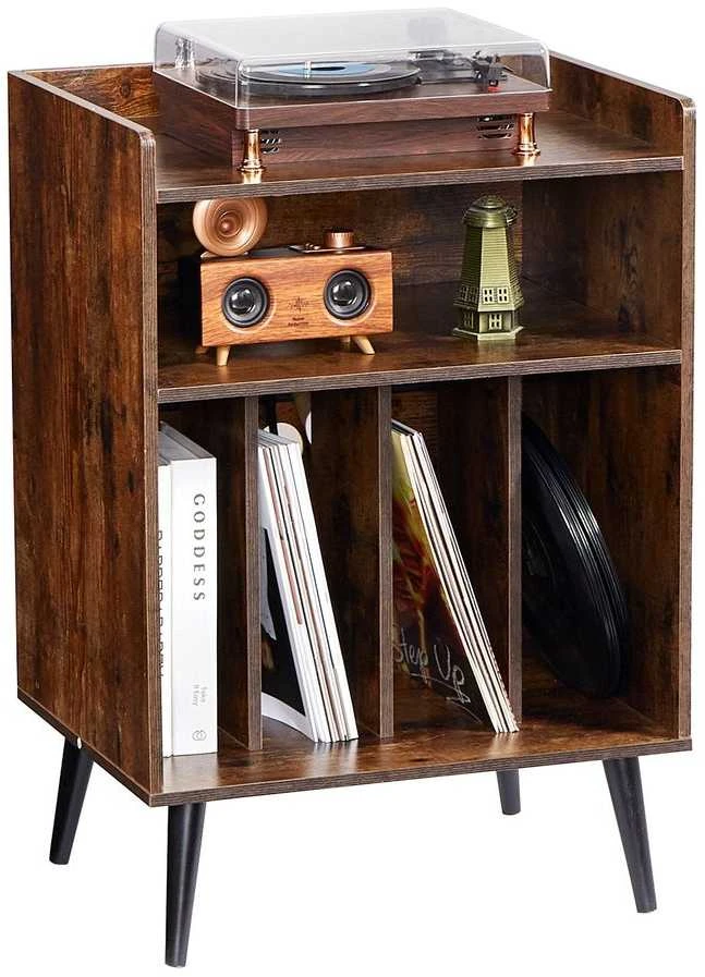 TV staliukas Vinilinių plokštelių grotuvo stovas, 3 pakopų patefono laikymo spintelė, 150 albumų talpa, su LED lemputėmis ir USB įkrovimu