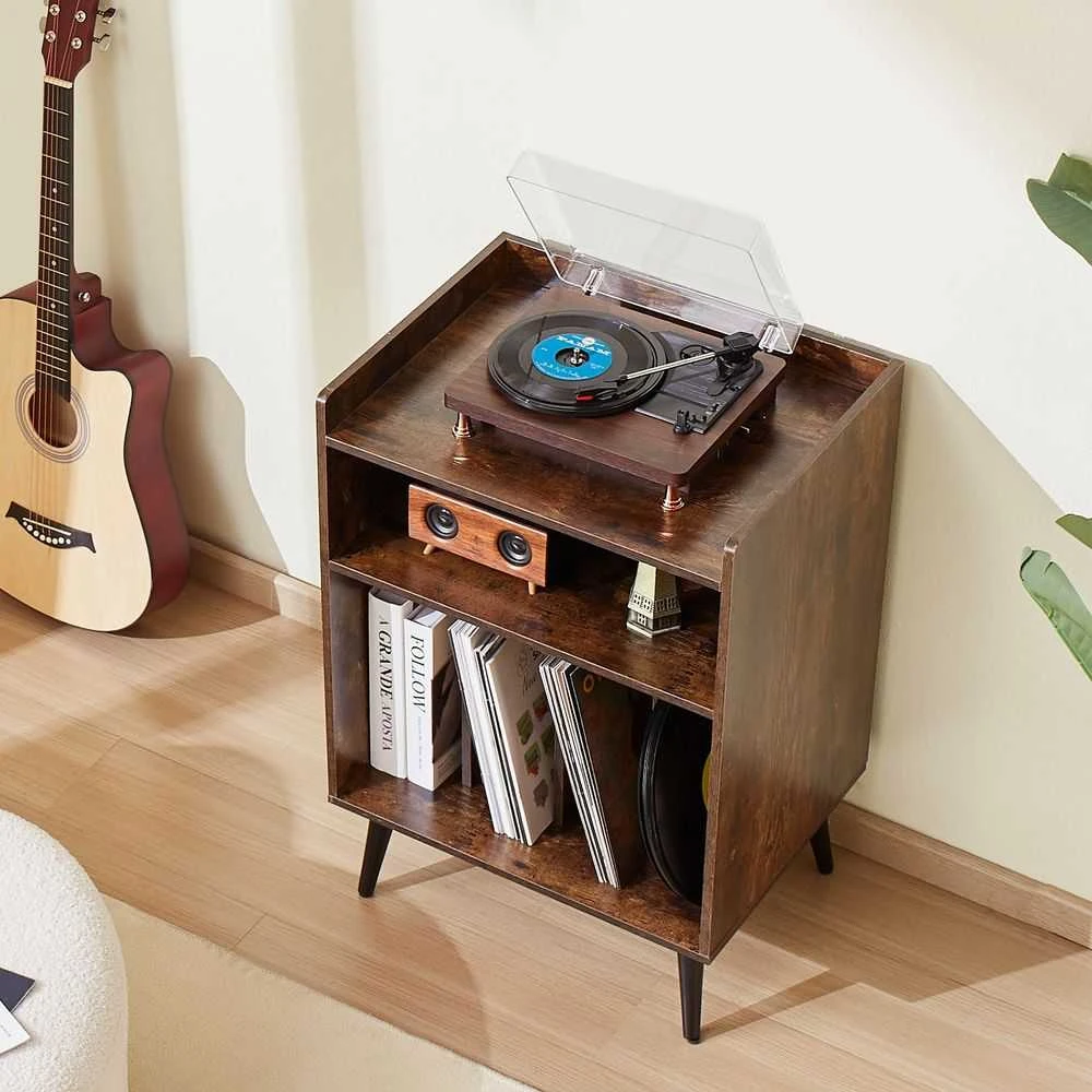TV staliukas Vinilinių plokštelių grotuvo stovas, 3 pakopų patefono laikymo spintelė, 150 albumų talpa, su LED lemputėmis ir USB įkrovimu