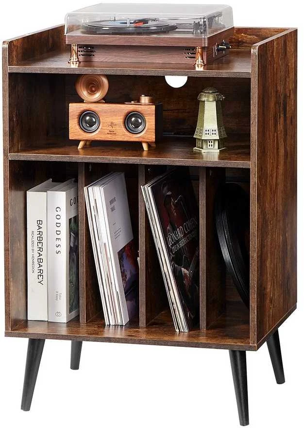 TV staliukas Vinilinių plokštelių grotuvo stovas, 3 pakopų patefono laikymo spintelė, 150 albumų talpa, su LED lemputėmis ir USB įkrovimu