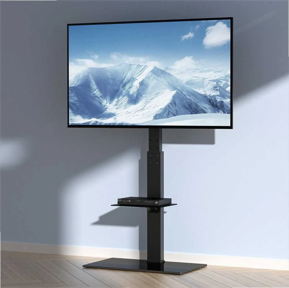 TV stovas 81–216 cm televizoriams, pasukamas ir reguliuojamo aukščio grindų laikiklis su grūdinto stiklo pagrindu, universalus nešiojamas TV laikiklis miegamajam ir svetainei