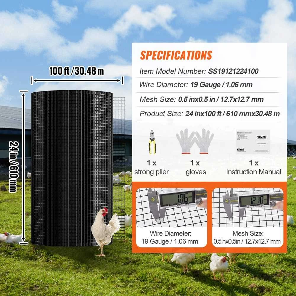 Tvirta vielos tinklo ritė 610 mm x 30.48 m, cinkuota, 19 dydžio vištidės tvora, PVC danga, triušių, gyvačių apsaugai, paukštidėms
