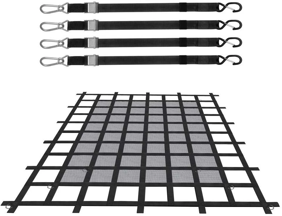 Tvirtas krovininis tinklas 1830 x 1450 mm, su reguliuojamomis sagtimis ir S-kabliais, sunkvežimio krovinių platformai