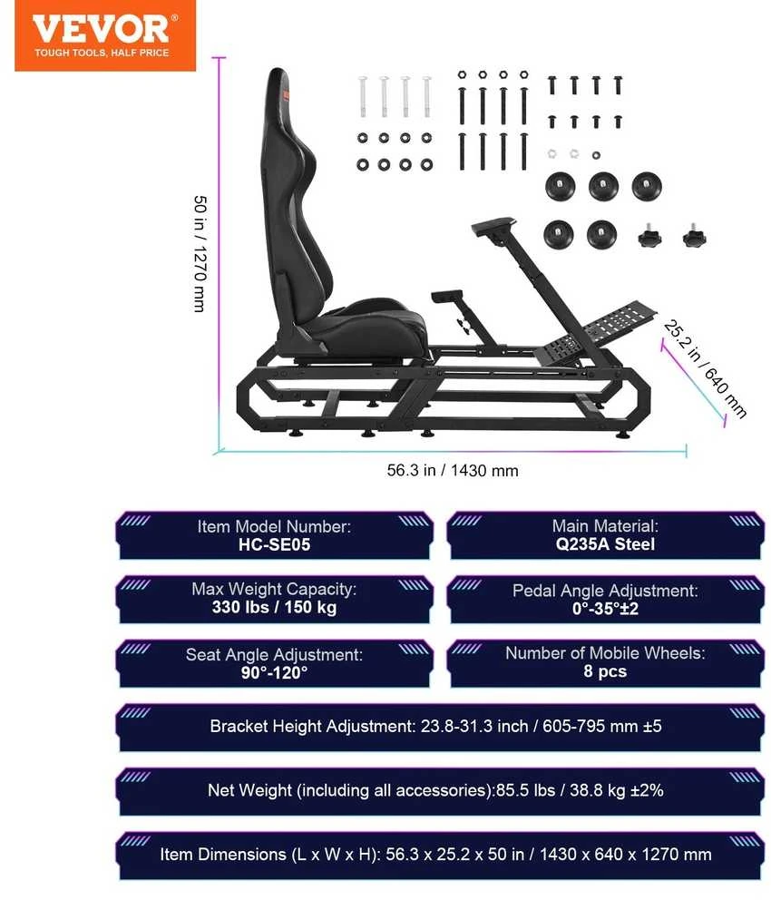 Tvirtas lenktynių vairo stovas Logitech G923 G920 G29, reguliuojamas kokpitas su sėdyne, 150 kg, trikampio dizainas, simuliatoriaus stovas su pedalų ir sėdynės reguliav